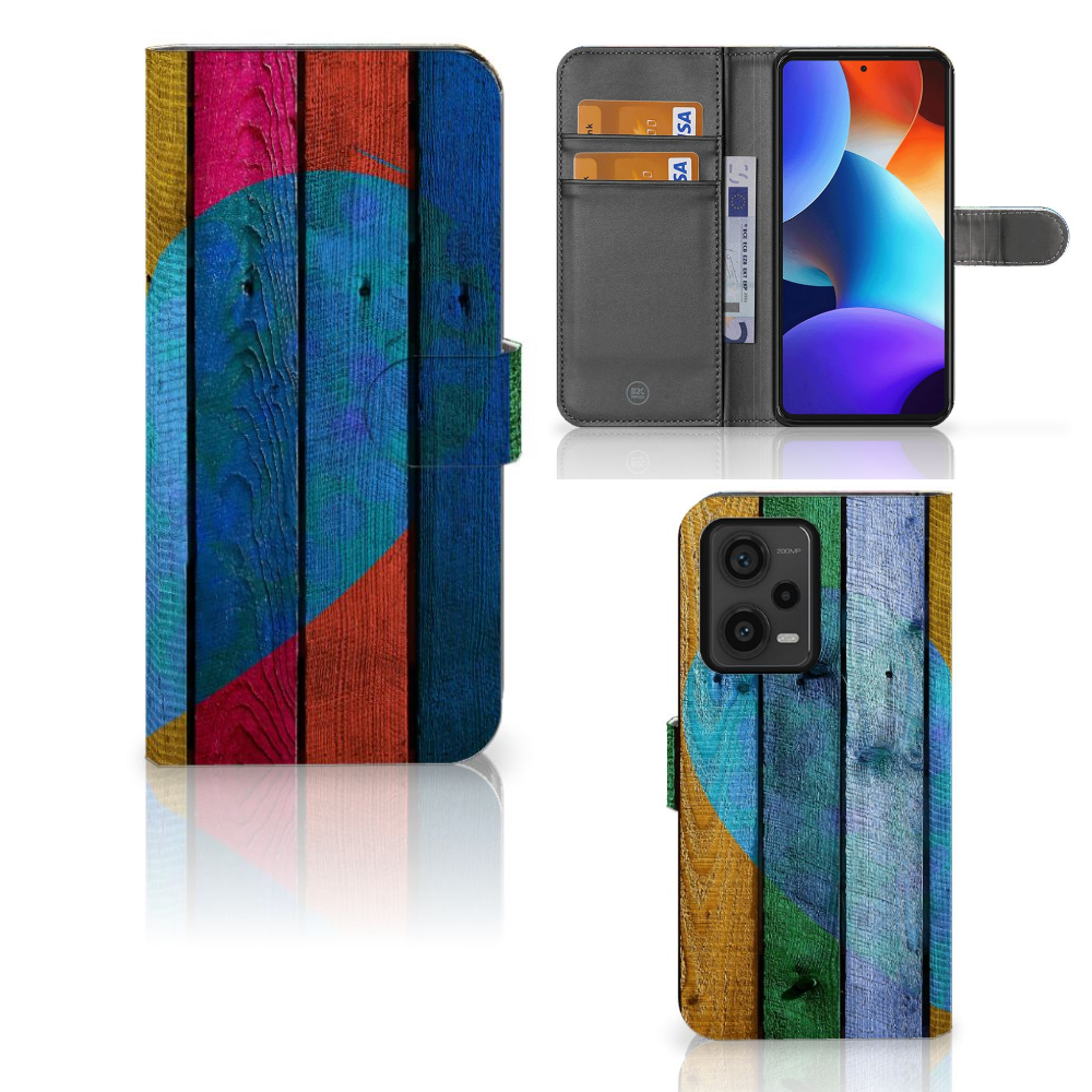 Xiaomi Redmi Note 12 Pro Plus Book Style Case Wood Heart boekhoesje hartjes design voor en binnenkant