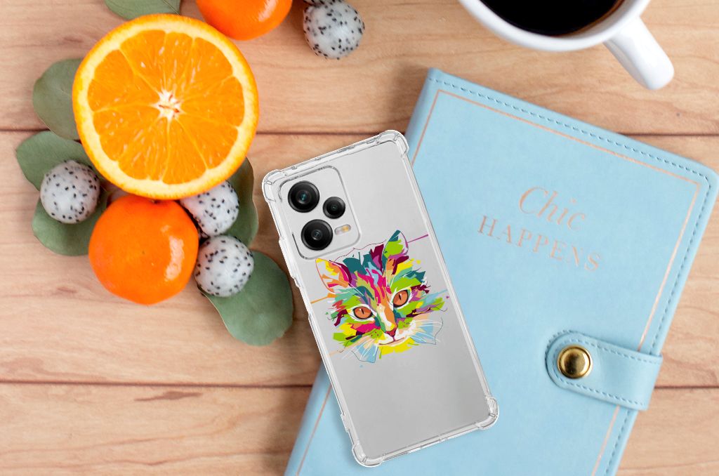 Xiaomi Redmi Note 12 Pro Plus Stevig Bumper Hoesje Cat Color bovenaanzicht met fruit en notitieboek