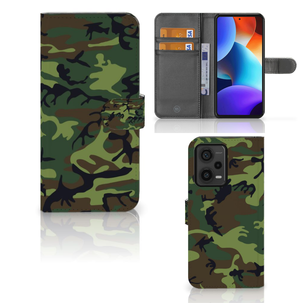 Xiaomi Redmi Note 12 Pro Plus Telefoon Hoesje Army Dark boekhoes camouflage design voorzijde en binnenzijde