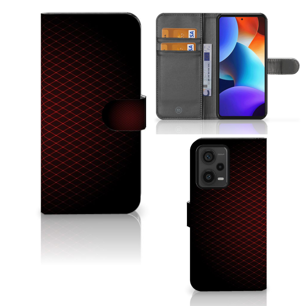 Xiaomi Redmi Note 12 Pro Plus Telefoon Hoesje Geruit Rood met ruimte voor 3 pasjes en minimalistisch design.