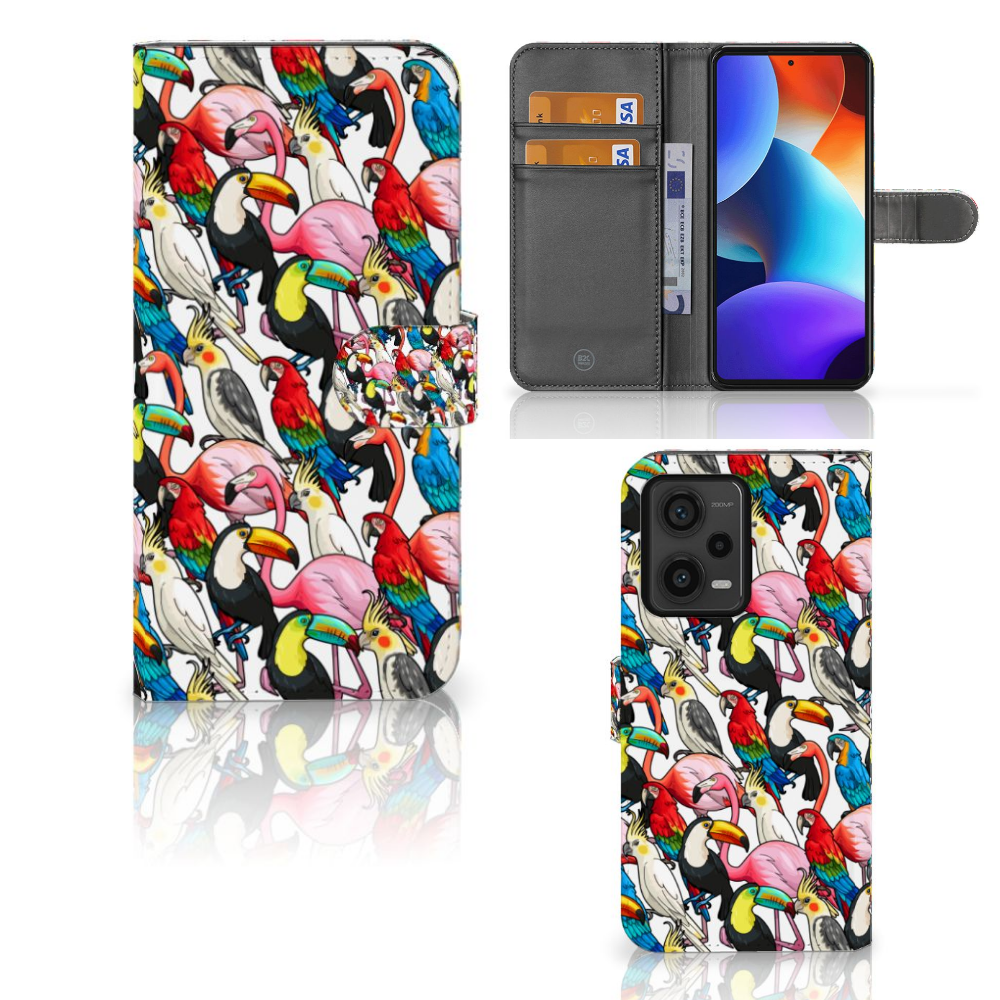Xiaomi Redmi Note 12 Pro Plus Telefoonhoesje met Pasjes Birds met kleurrijke vogels en ruimte voor drie pasjes đē