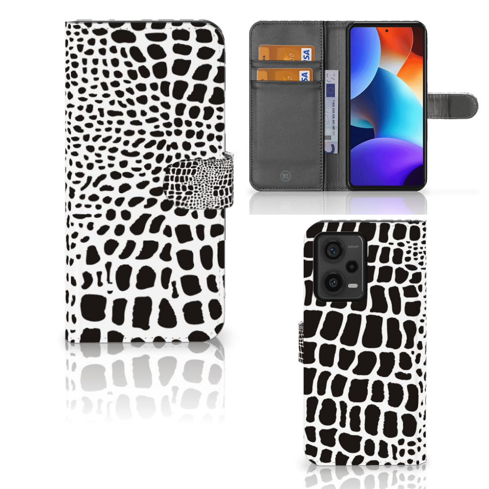 Xiaomi Redmi Note 12 Pro Plus Telefoonhoesje met Pasjes Slangenprint zwart wit boekhoesje aanzicht