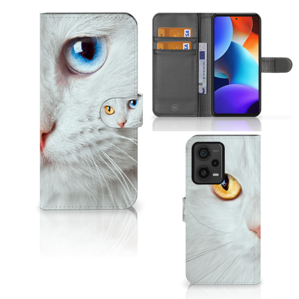 Xiaomi Redmi Note 12 Pro Plus Telefoonhoesje met Pasjes Witte Kat design witte kat aanzicht