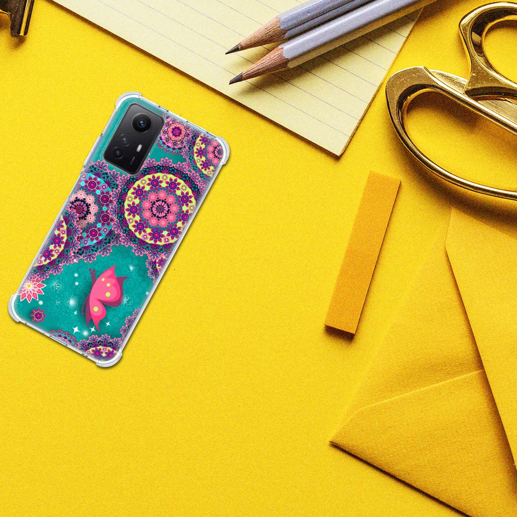 Xiaomi Redmi Note 12s Back Cover Cirkels en Vlinders bovenaanzicht telefoonhoesje kleurrijk