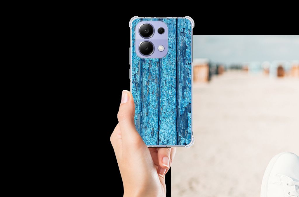 Xiaomi Redmi Note 13 4G Stevig Telefoonhoesje Wood Blue hand smartphone design