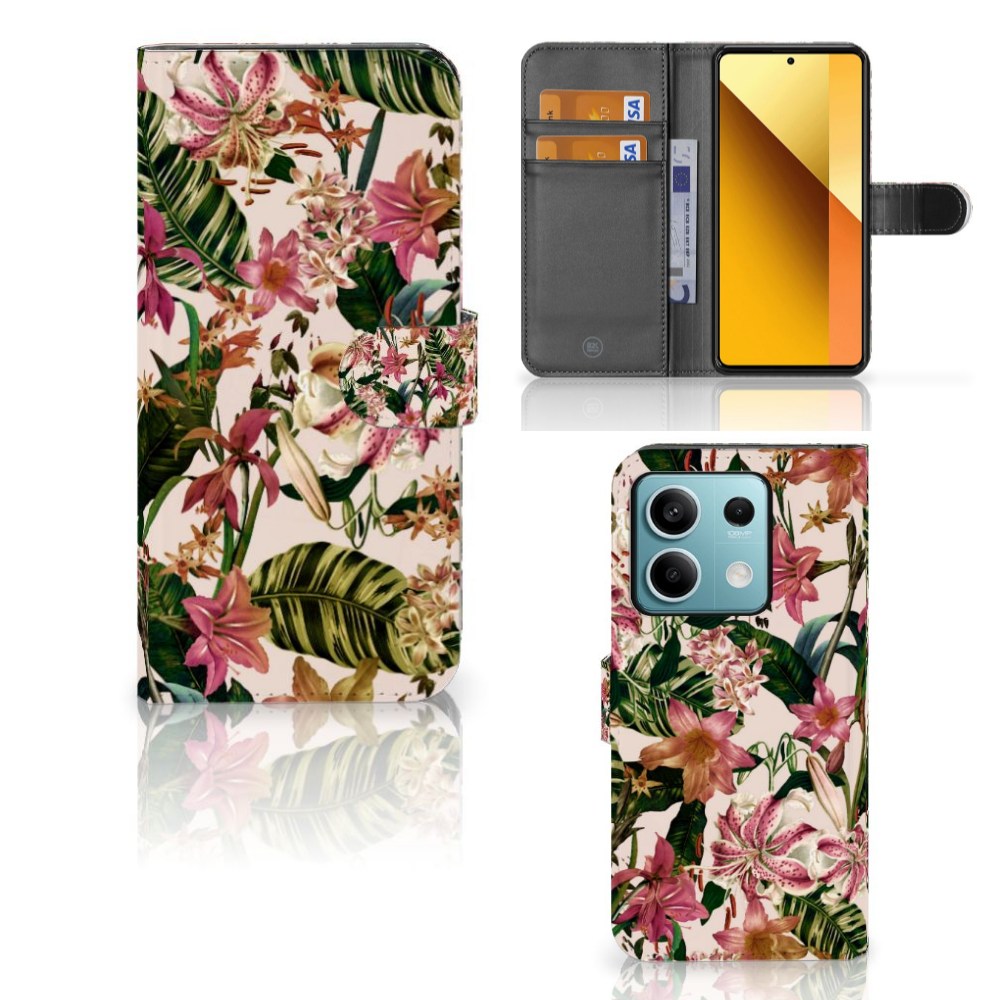 Xiaomi Redmi Note 13 5G Hoesje Flowers telefoonhoesje bloemen tropisch open achterkant