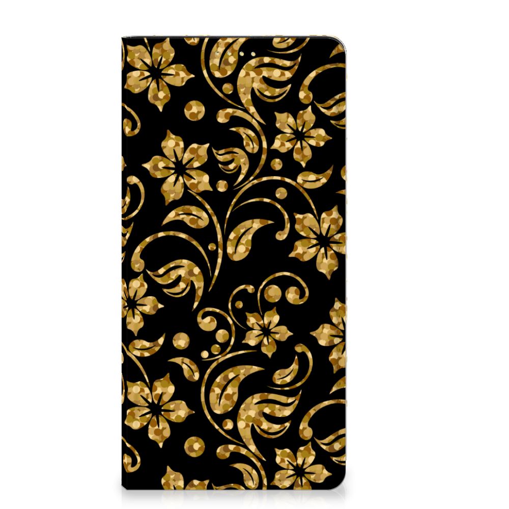 Xiaomi Redmi Note 13 5G Smart Cover Gouden Bloemen hoesje zwart gouden bloemen design aanzicht