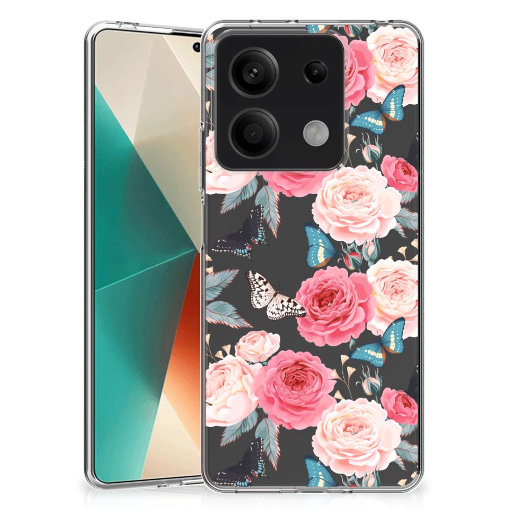 Xiaomi Redmi Note 13 5G TPU Case Butterfly Roses ontwerp met kleurrijke rozen en vlinders voor stijl en bescherming.
