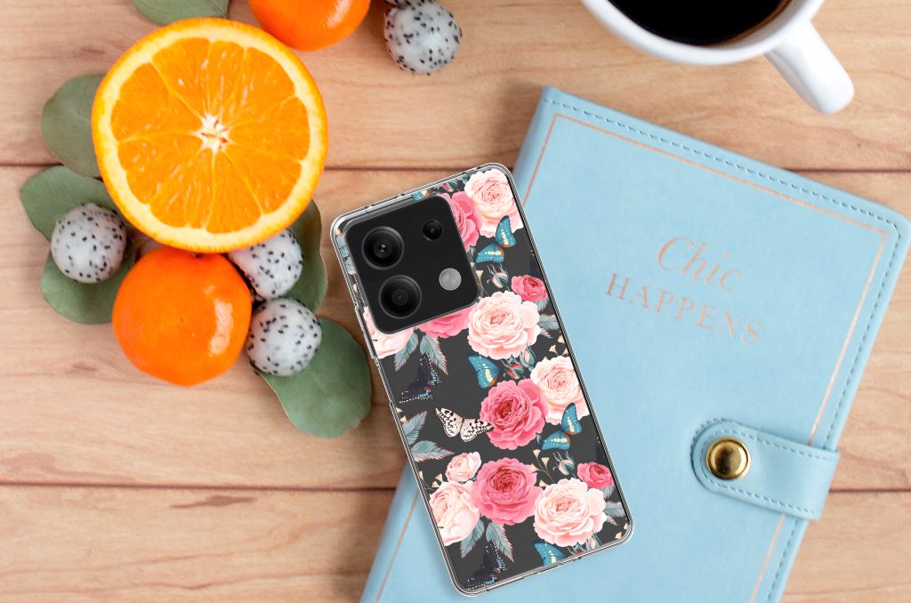 Xiaomi Redmi Note 13 5G TPU Case Butterfly Roses met mooi bloemenontwerp en fruitschalen, perfect als cadeau.