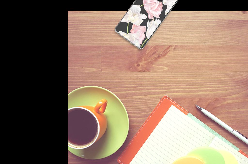 Xiaomi Redmi Note 13 5G TPU Case Lovely Flowers bovenaanzicht telefoon bureau met koffie en notitieboek
