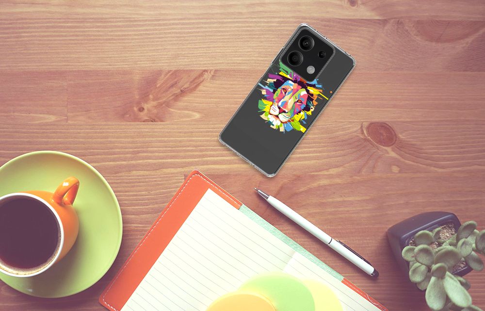 Xiaomi Redmi Note 13 5G Telefoonhoesje met Naam Lion Color bovenaanzicht tafel