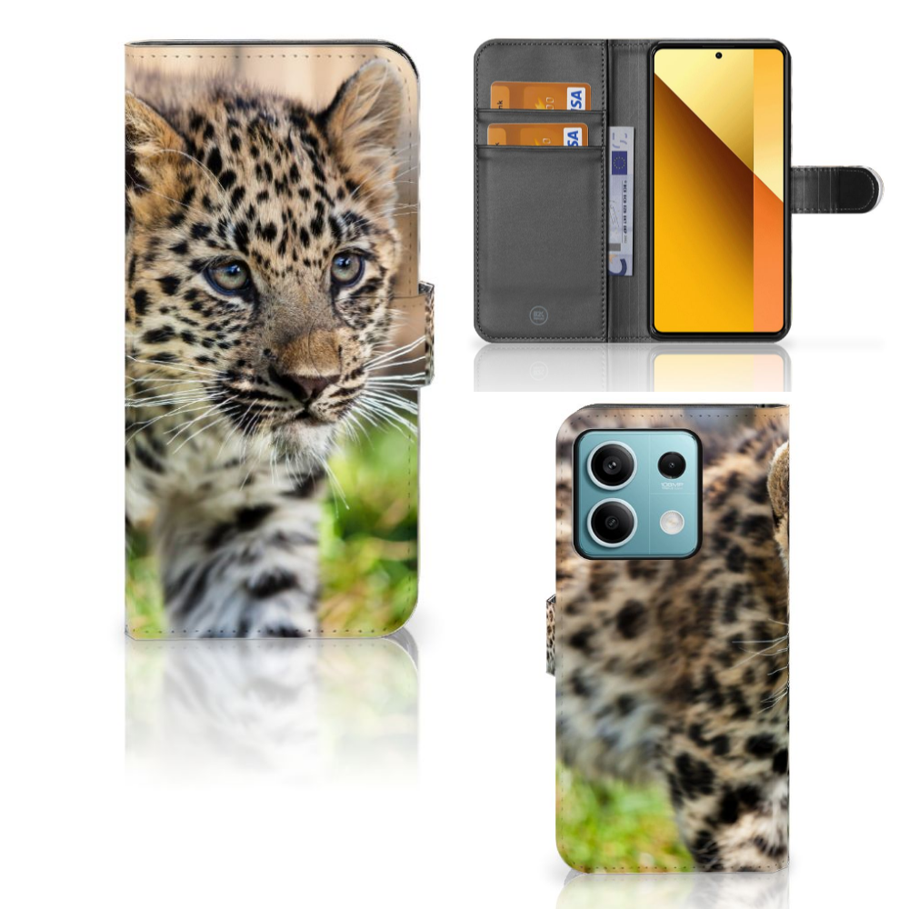Xiaomi Redmi Note 13 5G Telefoonhoesje met Pasjes Baby Luipaard vooraan zijkant achterkant
