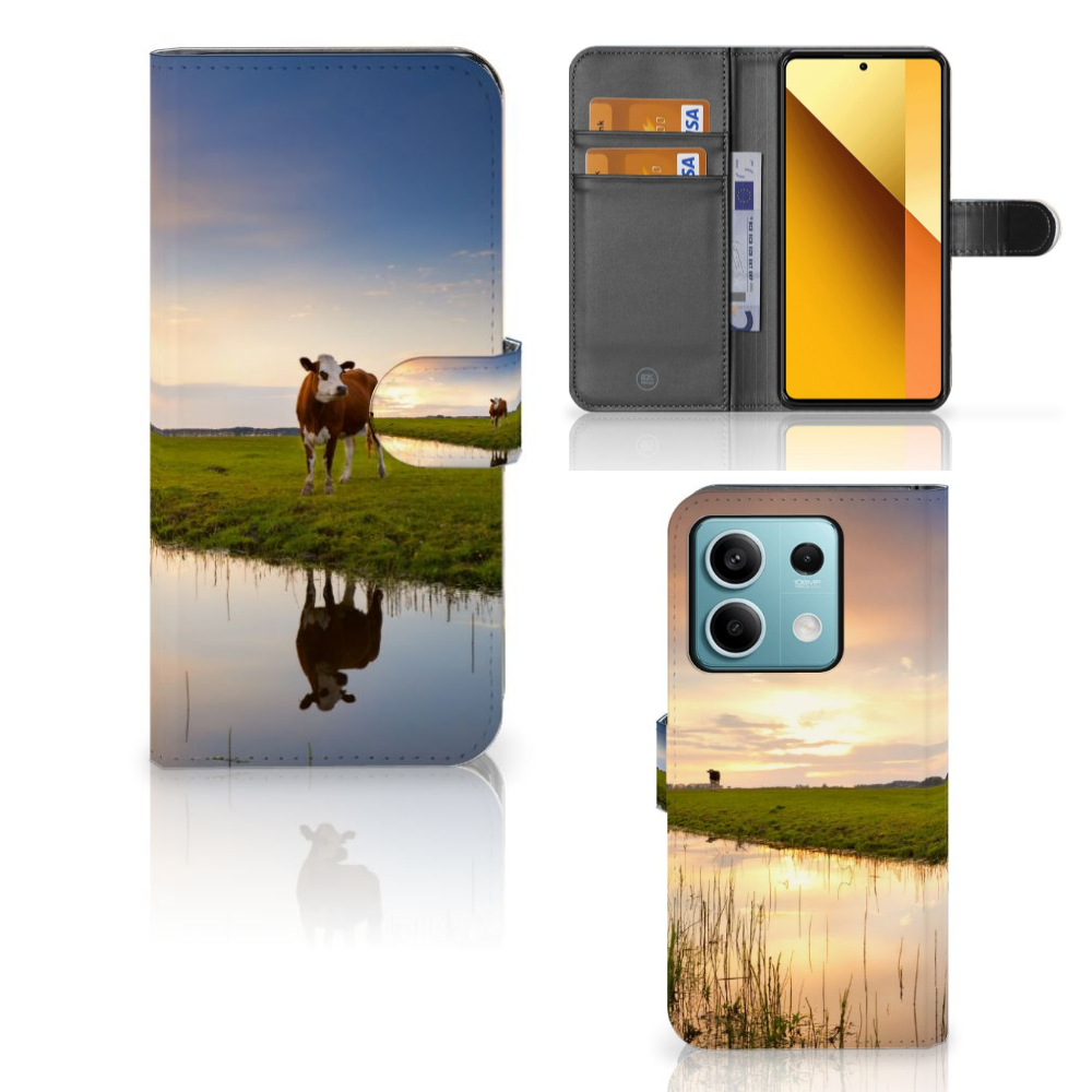Xiaomi Redmi Note 13 5G Telefoonhoesje met Pasjes Koe telefoonhoesje koe weiland reflectie aanzicht