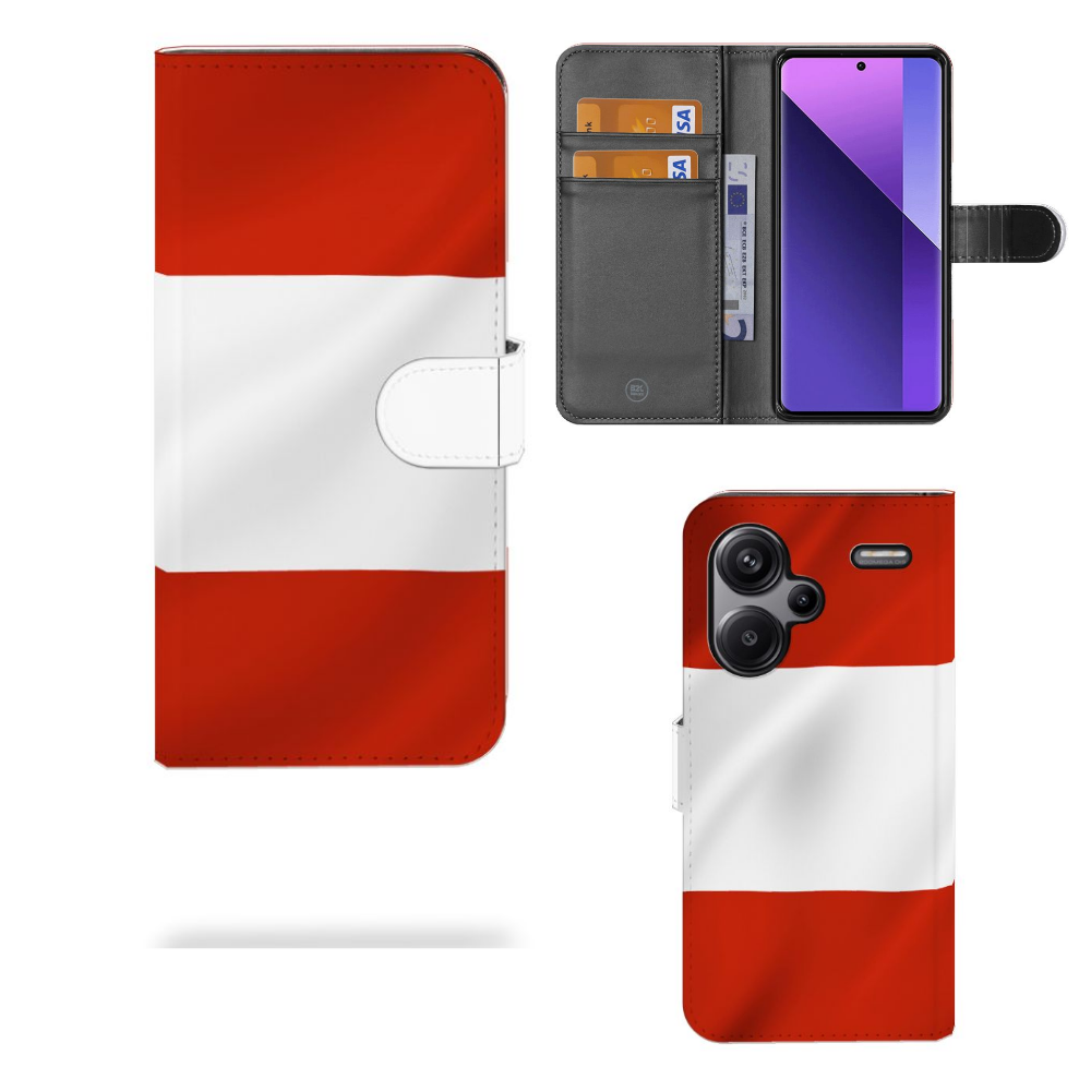Xiaomi Redmi Note 13 Pro Plus Bookstyle Case Oostenrijk met vlag ontwerp, biedt bescherming en gebruiksgemak.