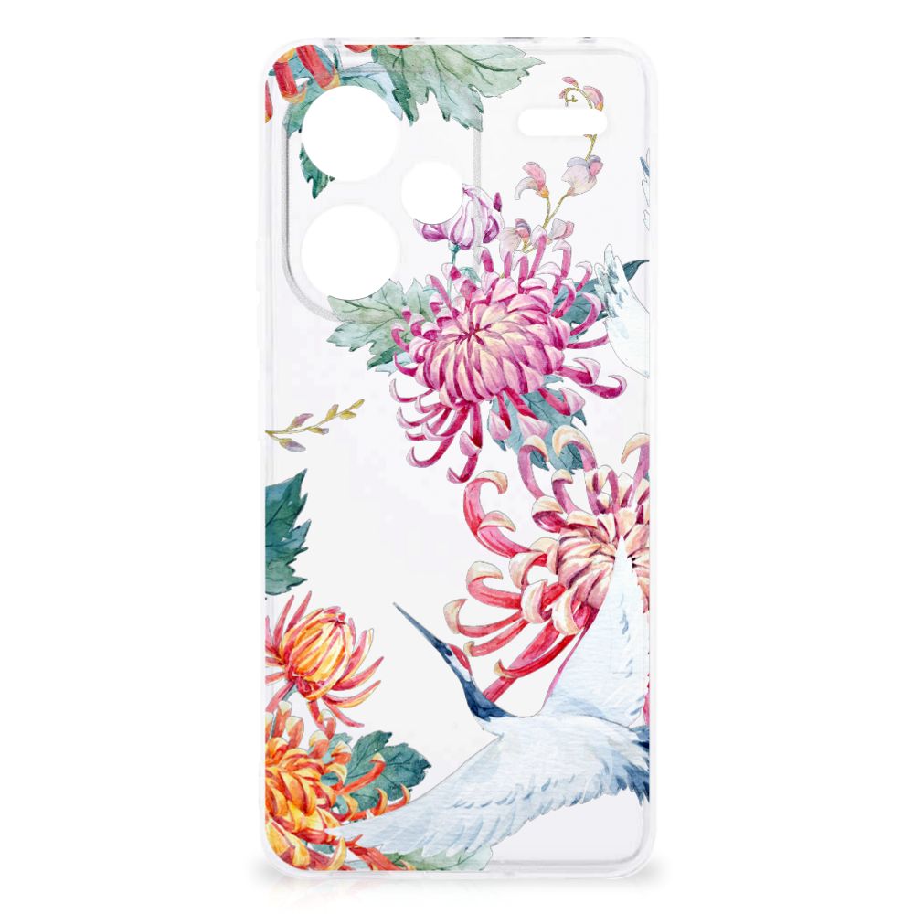 Xiaomi Redmi Note 13 Pro Plus TPU Hoesje Bird Flowers design bloem ooievaar aanzicht