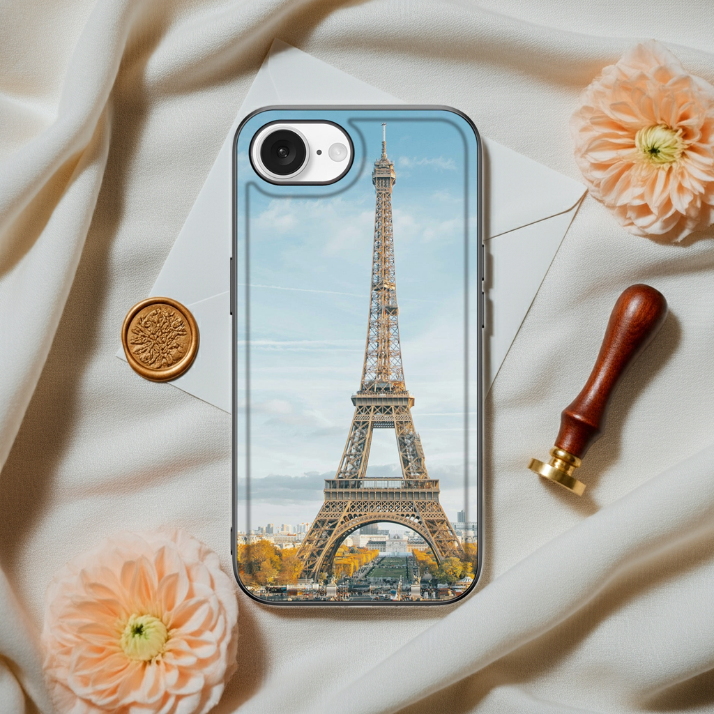 Back Cover iPhone 16e – Eigen Ontwerp met afbeelding van de Eiffeltoren op een stijlvolle achtergrond.