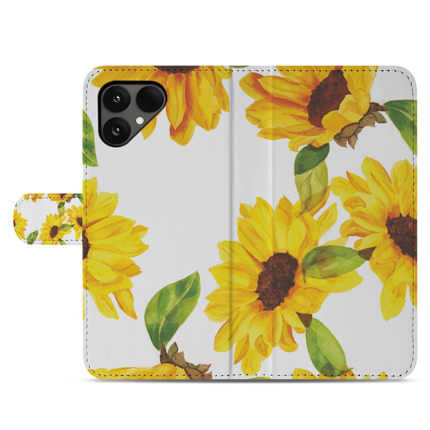 Zonnebloemen Wallet Book Case Voor Fairphone 6 Met Luxe PU Lederen Buitenkant designnaam zonnige zonnebloemen aanzicht voorkant