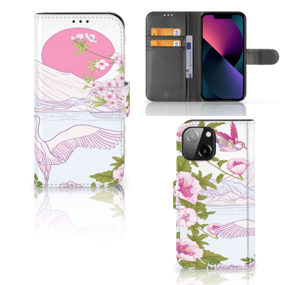 iPhone 13 Mini Telefoonhoesje met Pasjes Bird Standing met paarse vogels en bloeiende bloemen đ¸
