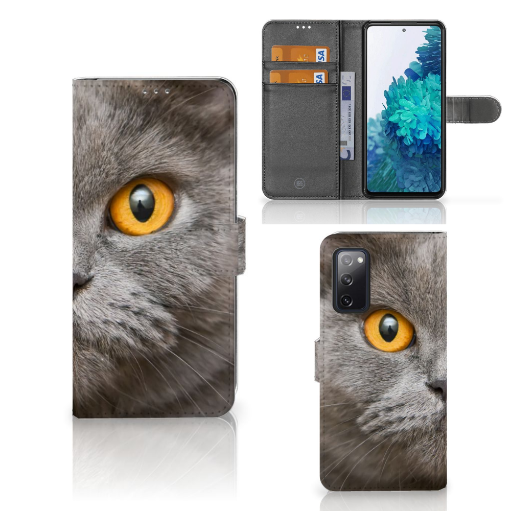 Telefoonhoesje met Pasjes Samsung Galaxy S20 FE Britse Korthaar met intense blik van een kat.