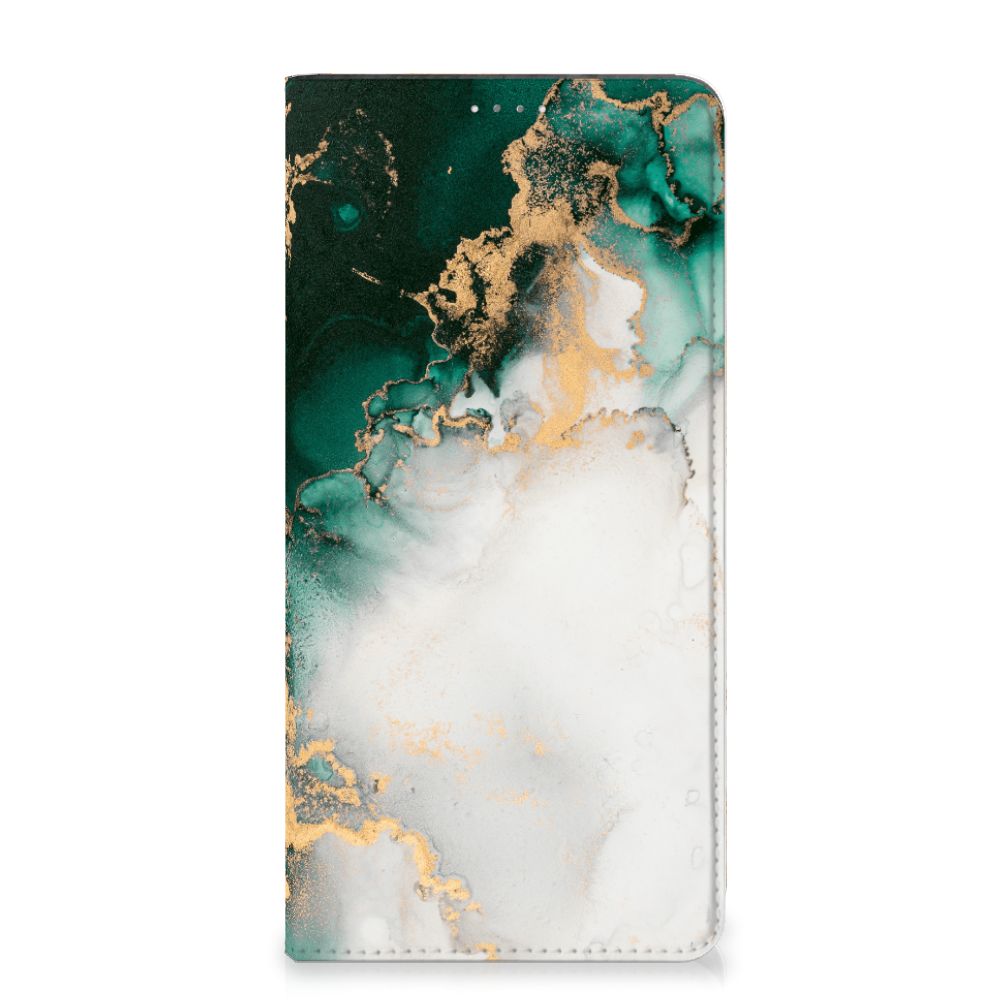 Standcase voor Samsung Galaxy A14 4G Marmer Groen met prachtig marmer groen design en gouden accenten.