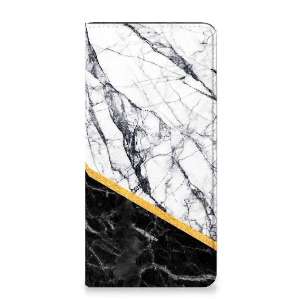 Samsung Galaxy A14 4G Standcase Marmer Wit Zwart - Origineel Cadeau Man met zwart-witte marmer en gouden accent