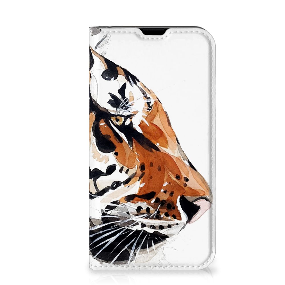 Bookcase iPhone 13 Mini Watercolor Tiger, met een geschilderde tijger op een witte achtergrond.