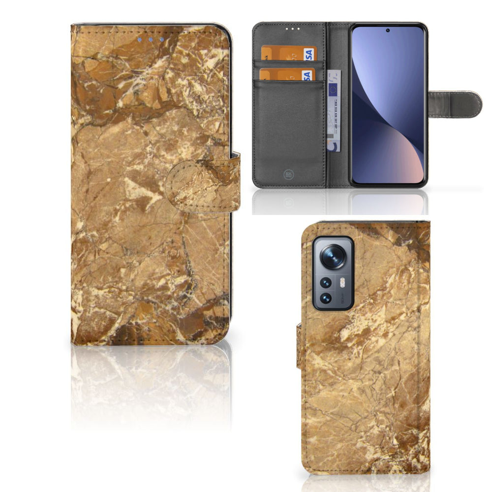 Xiaomi 12 | 12X Bookcase Marmer Creme, luxe hoesje met pasjeshouder en marmerdesign, TPU-siliconen en kunstleren buitenkant.