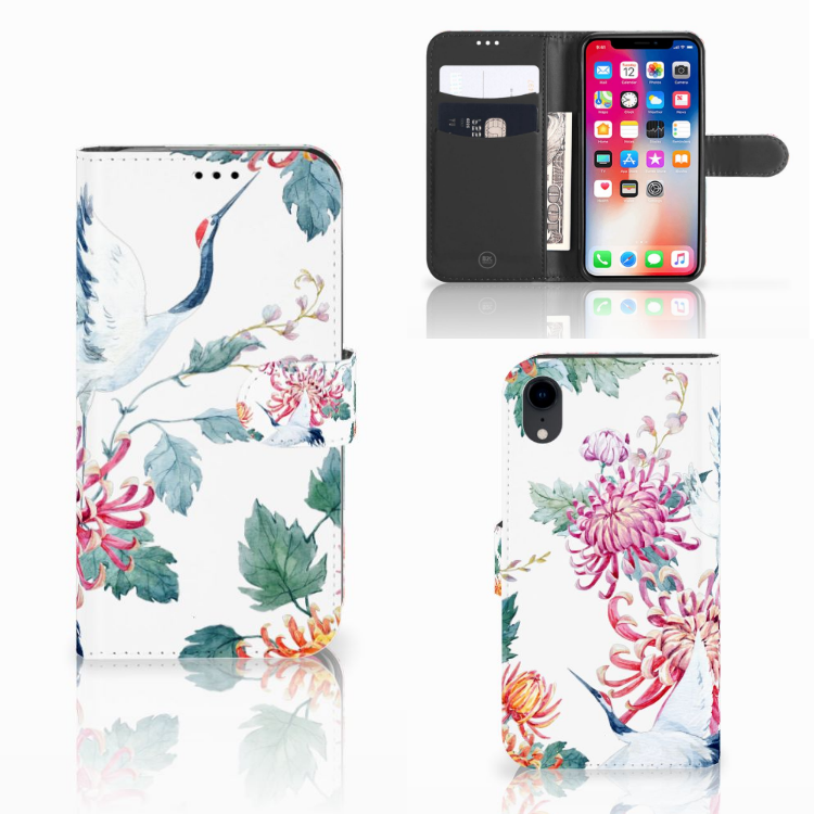 Apple iPhone Xr Telefoonhoesje met Pasjes Bird Flowers