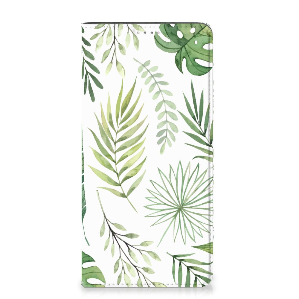 Samsung Galaxy A14 5G Smart Cover Leaves with a decorative green leaf print, showcasing a fresh nature-inspired design.