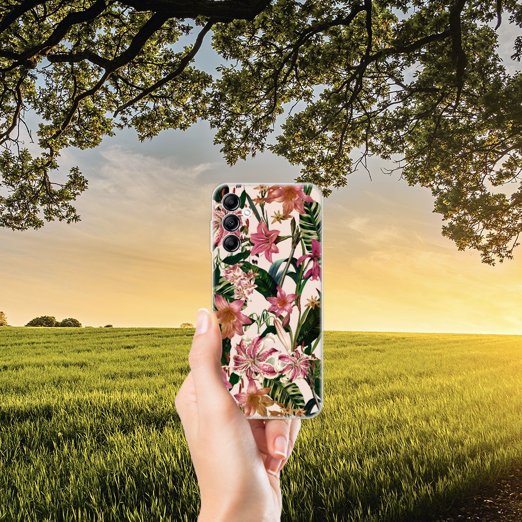 Samsung Galaxy A14 5G TPU Case Flowers design with flowers and leaves against a sunset background.