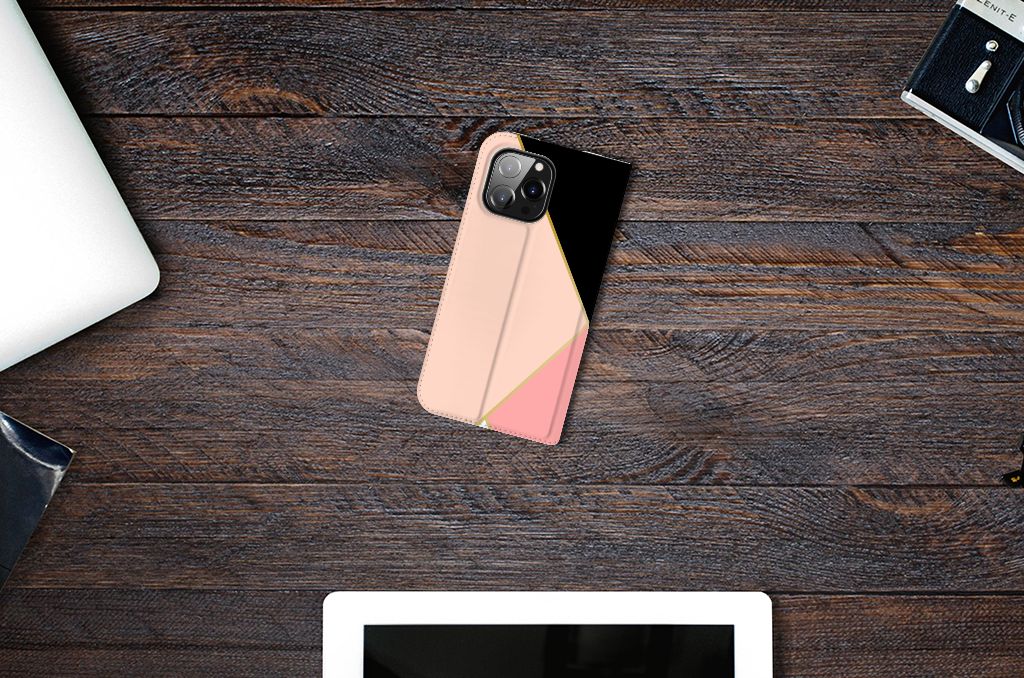 iPhone 14 Pro Max Stand Case Zwart Roze Vormen