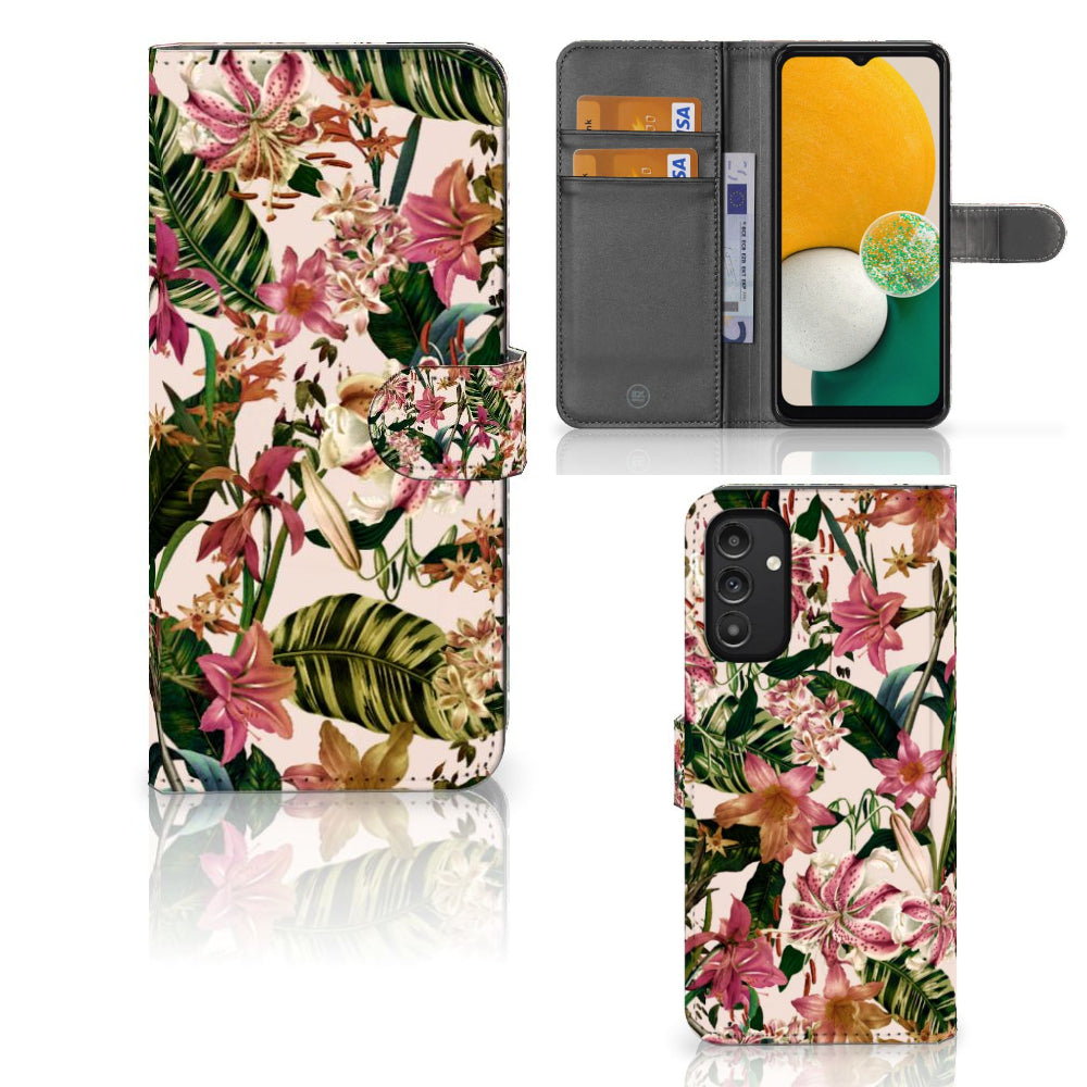 Samsung Galaxy A14 4G Hoesje Flowers met tropisch bloemen ontwerp en ruimte voor pasjes.