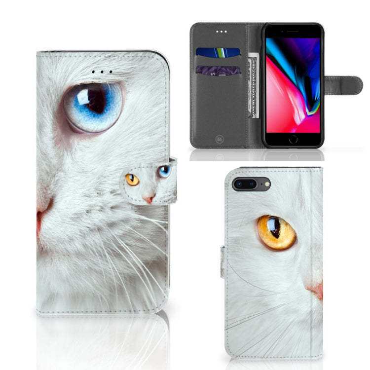 Apple iPhone 7 Plus | 8 Plus Telefoonhoesje met Pasjes Witte Kat