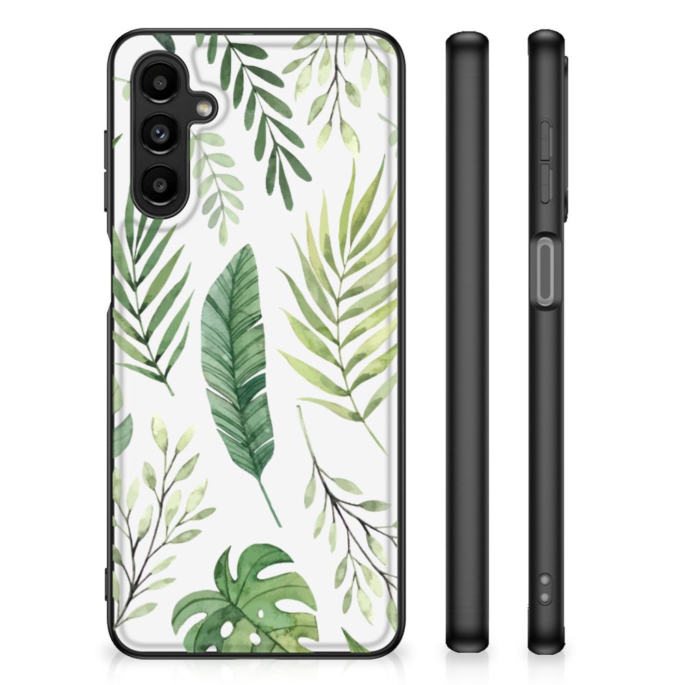 Samsung Galaxy A14 5G Bloemen Hoesje Leaves met een groen bladerenpatroon, schokabsorberend en krasvast ontwerp.