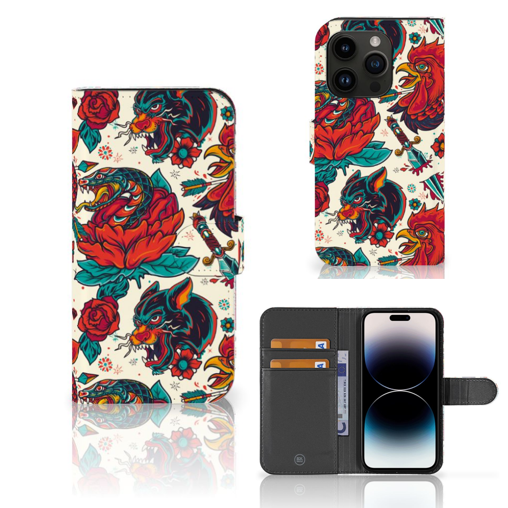 Telefoonhoesje met foto voor iPhone 15 Pro Old Skool met tatoeage ontwerp en pasjeshouder.