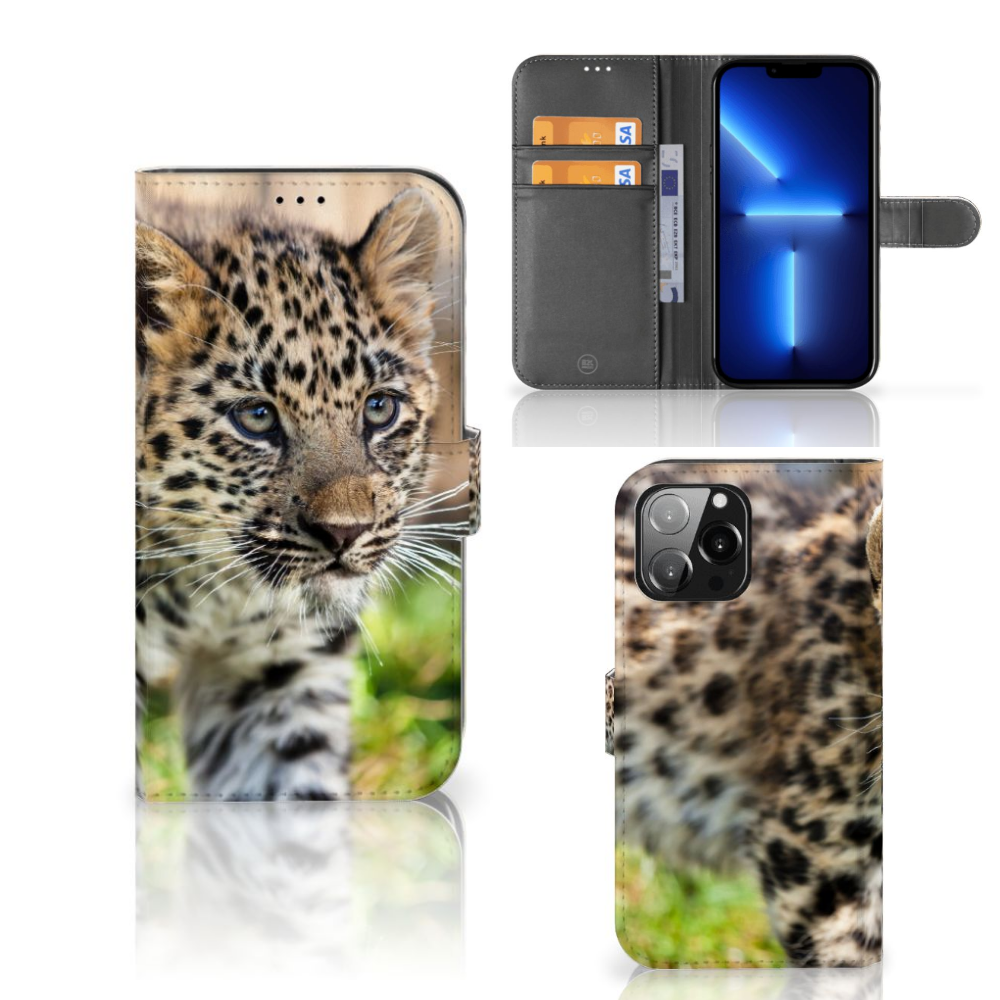 iPhone 13 Pro Max Telefoonhoesje met Pasjes Baby Luipaard met schattige welp en magneetsluiting đ.