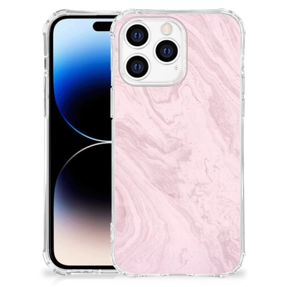 Apple iPhone 14 Pro Max Anti-Shock Hoesje Marble Pink - Origineel Cadeau Vriendin