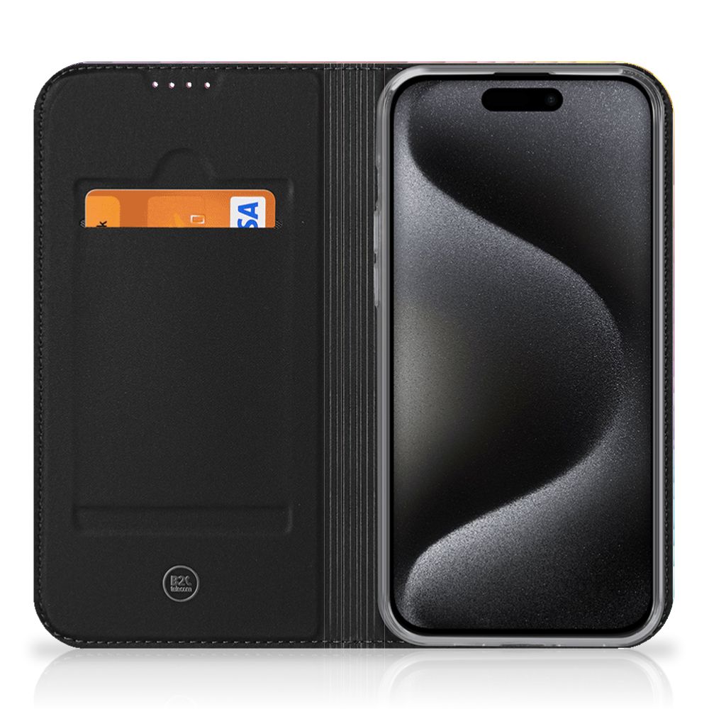 Stand Case voor iPhone 15 Pro Regenboog met ruimte voor een pasje, stijlvolle en praktische bescherming.
