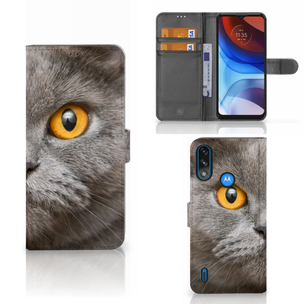Telefoonhoesje met Pasjes Motorola Moto E7i Power | E7 Power Britse Korthaar met kattenoog en pasjeshouder.