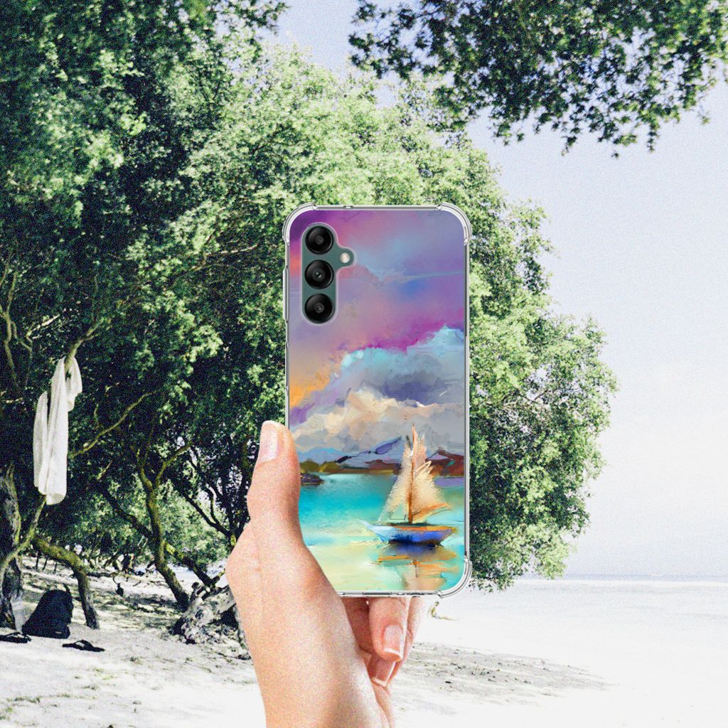 Back Cover Samsung Galaxy A14 5G/4G Boat design held in a hand by the beach with palm trees in the background.