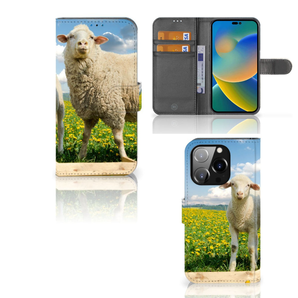 iPhone 14 Pro Telefoonhoesje met Pasjes Schaap en Lammetje