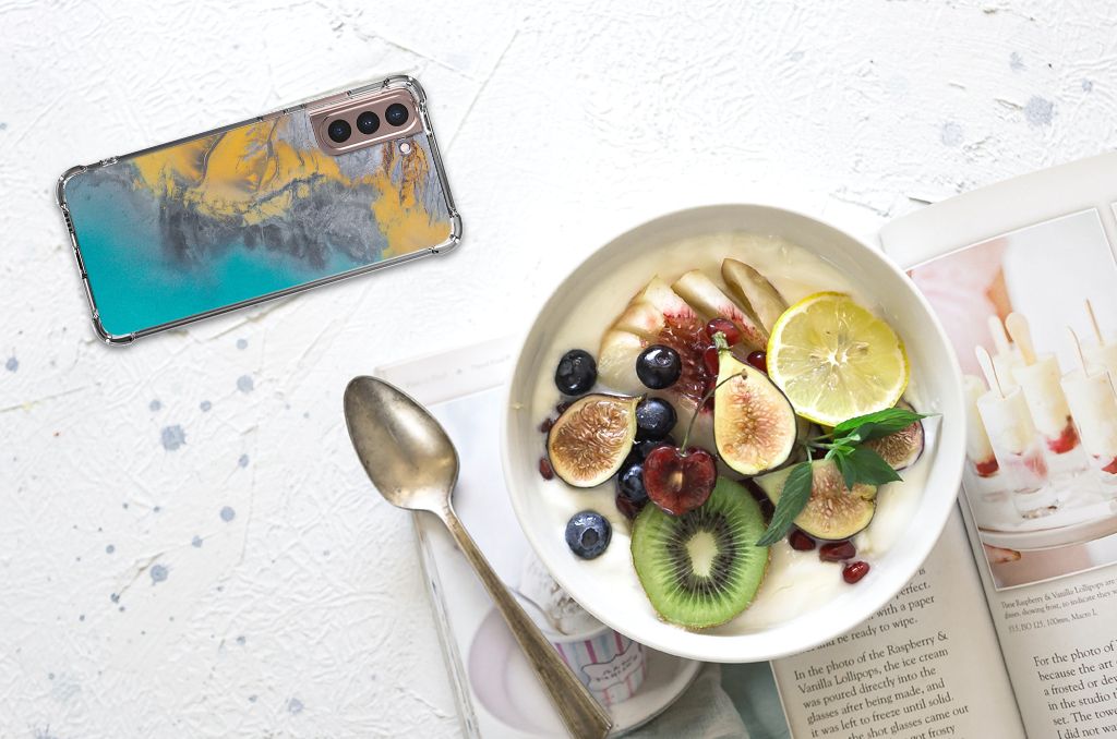 Samsung Galaxy S21 Plus Anti-Shock Hoesje Marble Blue Gold B2C Telecom