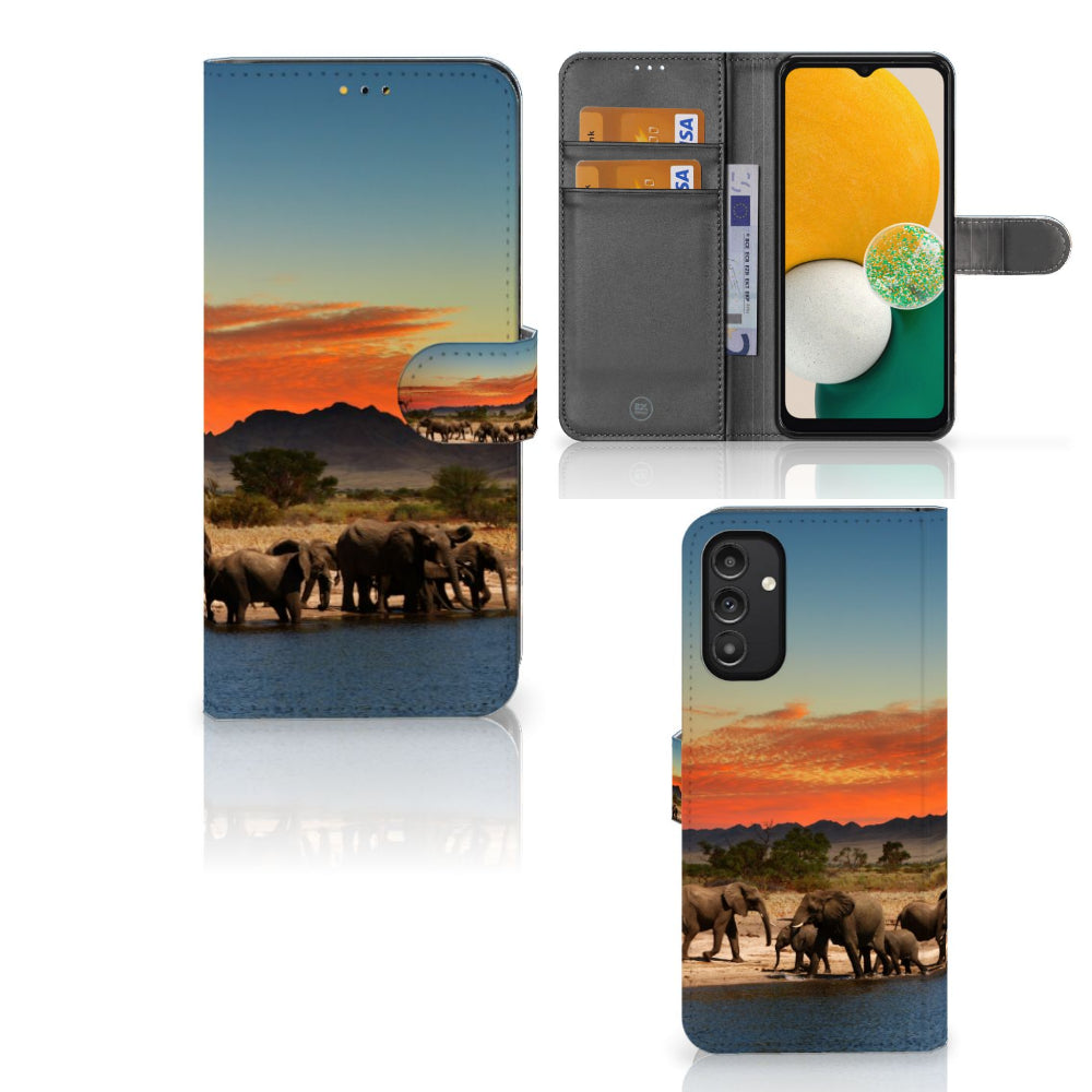 Samsung Galaxy A14 5G Telefoonhoesje met Pasjes Olifanten, met olifanten en rode lucht afbeelding.