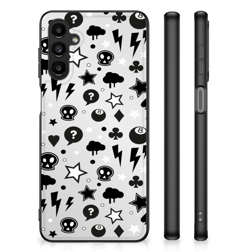 Telefoonhoesje Samsung Galaxy A14 5G Silver Punk met skulls en iconische prints in zwart-wit design.