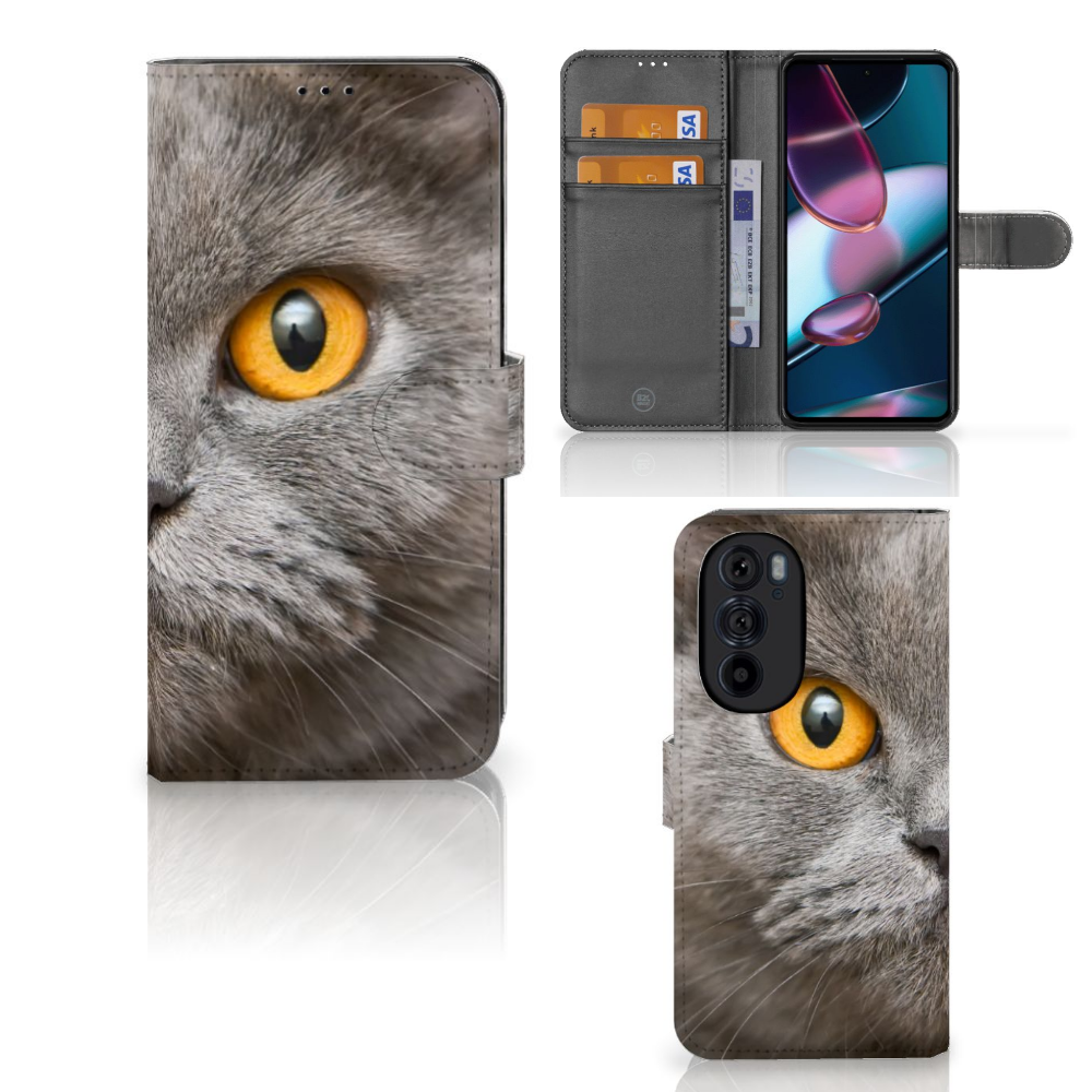 Telefoonhoesje met Pasjes Motorola Edge 30 Pro Britse Korthaar met afbeelding van grijze kat met gele ogen.
