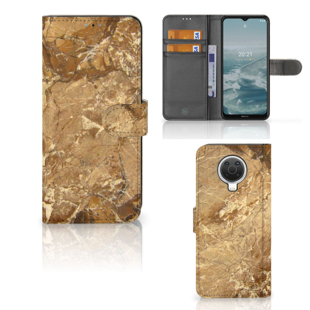 Nokia G10 | G20 Bookcase Marmer Creme in luxe marmerlook met pasjeshouder en TPU-siliconen bescherming.