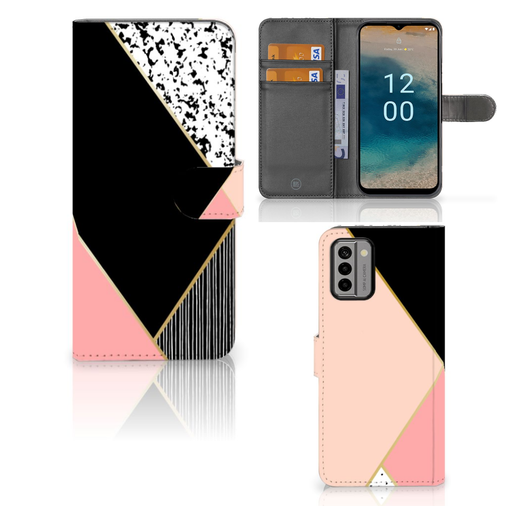 Nokia G22 Book Case Zwart Roze Vormen