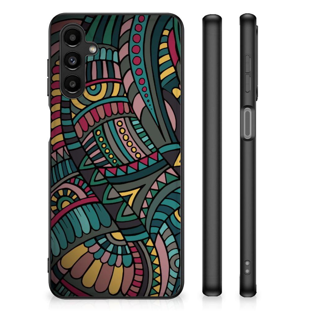 Samsung Galaxy A14 5G Back Case Aztec met opvallend, kleurrijk patroon en zwart rand design, perfect voor bescherming.