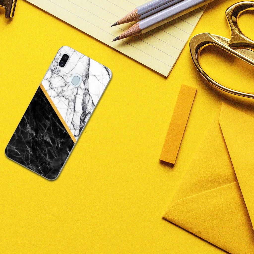 Samsung Galaxy A30 TPU Siliconen Hoesje Marmer Wit Zwart - Origineel Cadeau Man