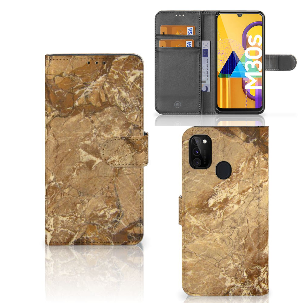 Samsung Galaxy M21 | M30s Bookcase Marmer Creme met luxe marmer look en TPUsiliconen bescherming.
